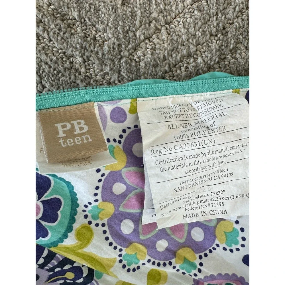 PBteen Pottery Barn Teen Sleeping Bag Teal Aqua Purple Floral Zip 32x75